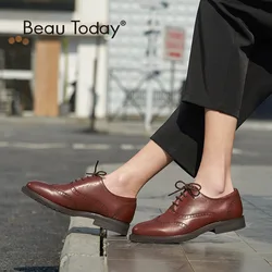 BeauToday Oxfords Women Quality Genuine Leather Lace-Up Brogue Shoes Brand  Calfskin Wingtip Ladies Flats Plus Size 21069