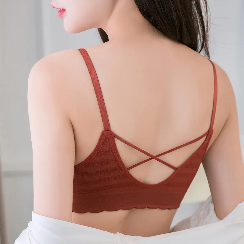 Sanderala 2019 Women Lace Camisoles Sexy Seamless Wire Free Tanks Top Stripe  Comfortable Brassiere Underwear Lingerie