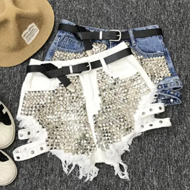 

summer fashion Rivet denim shorts women high waist loose tassel jeans shorts