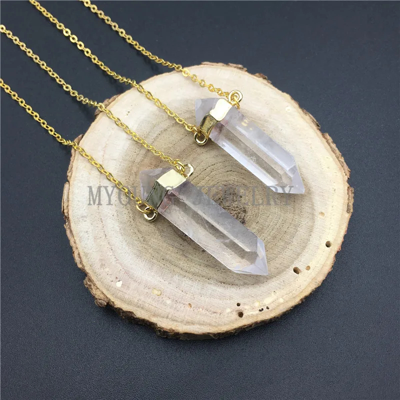 

MY0876 Clear Crystal Quartz Spike Point Pendant Necklace, Natural Stone Pendant Pendulum Gold Color Chain Necklace