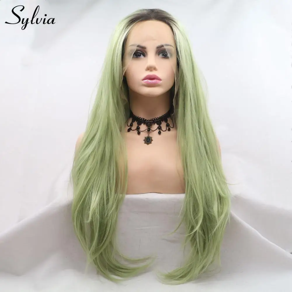 

Sylvia Natural Straight Synthetic Lace Front Wig Dark Root Hand Tied Ombre Heat Resistant Hair Long Avocado Green Cosplay Wig