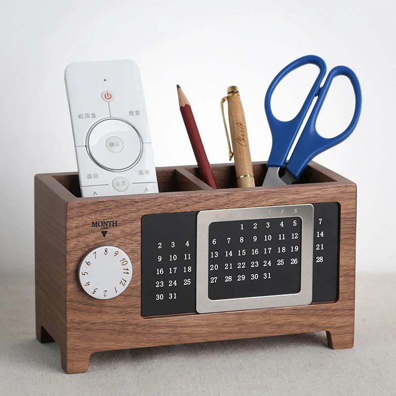 

multi-functional walnut wood Pen Pencil Box Holder Desktop Office Accessories Stationery Organizer with perpetual calendar