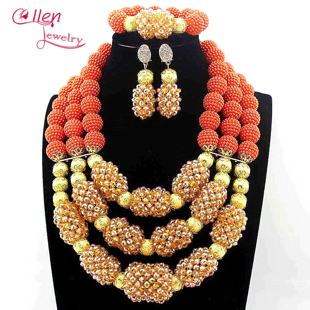 

New African Orange Beads Jewelry Set 3 Layers Pendant Statement Necklace Set Indian Beads Jewelry Free Shipping E1022