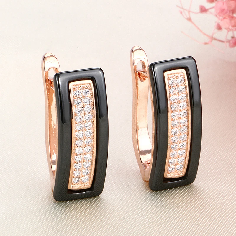 Vintage 585 Rose Gold Jewelry Sets For Women With CZ Cubic Zircon Classical Style Black White Ceramic Stud Earrings X Cross Ring