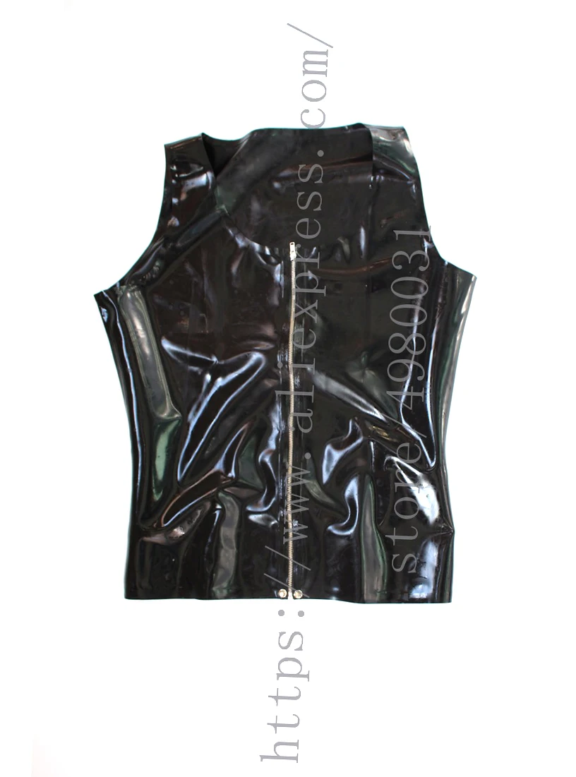 

Black latex top zipper women's latex vest with latex blues outside wet looking attached front zip decoration