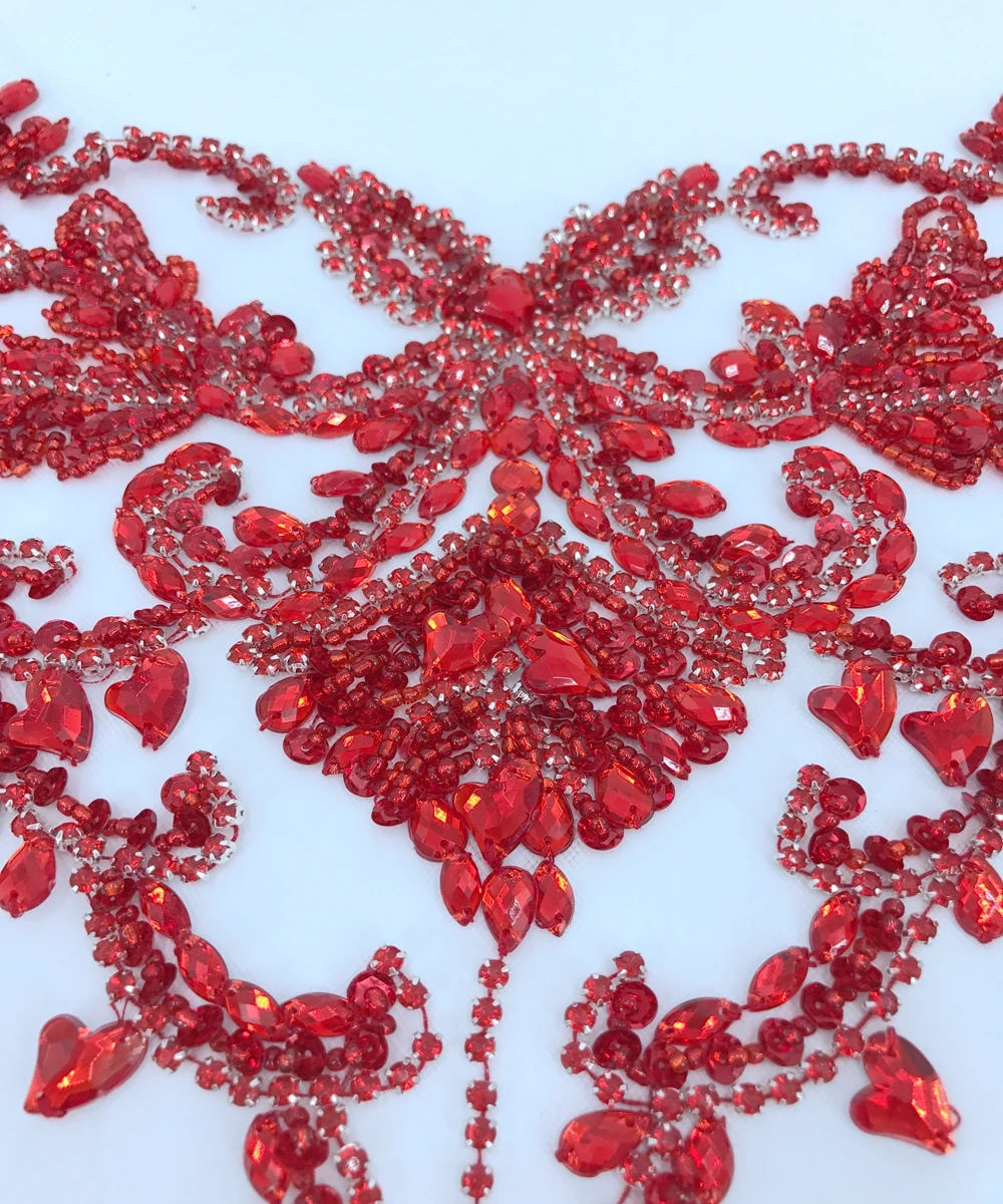 55*35cm handmade  crystal patches sew on red rhinestones applique on mesh for  dress  accessories