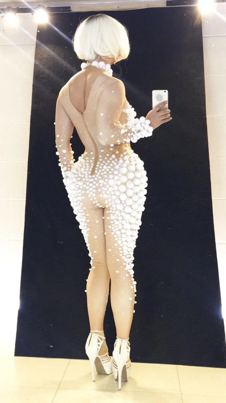 Macacão de bolas pequenas branco, roupa feminina para palco de natal, esticável, nude, para show de aniversário, baile, comemoração, fantasia