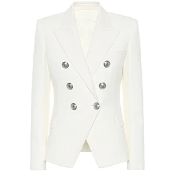 HIGH STREET 2024 Classic Designer Blazer Women's Double Breasted Metal Lion Silver Buttons High Street Pique Blazer Jacket