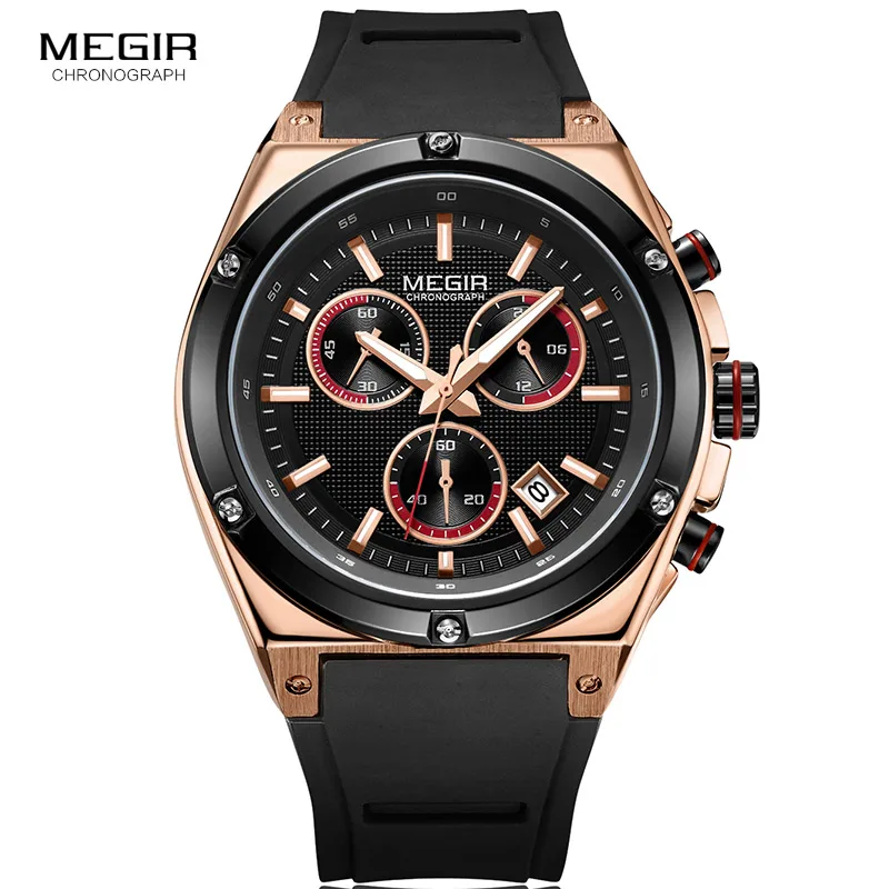 Imagem -02 - Megir Pulseira de Silicone Militar Relógios de Quartzo Homem Chronograph Relógio de Pulso 24 Horas Exibição Esportes do Exército Relógios Ouro Rosa 20731n0