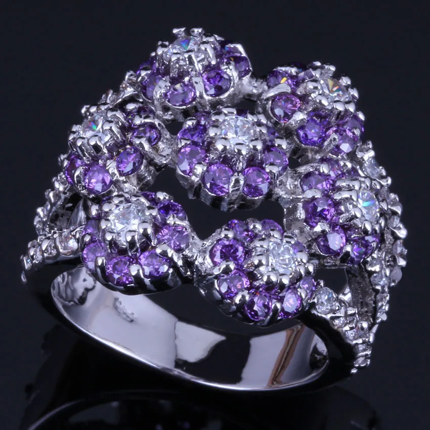 

Flawless Huge Flower Purple Cubic Zirconia White CZ Silver Plated Ring V0549