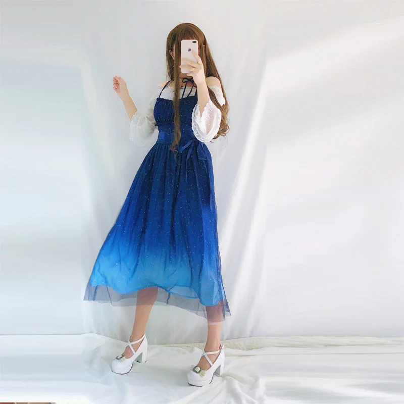 JSK – robe Lolita plissée et froncée en dentelle pour filles, avec ensemble chemise, étoiles brillantes, dégradé, bleu, couleur unie