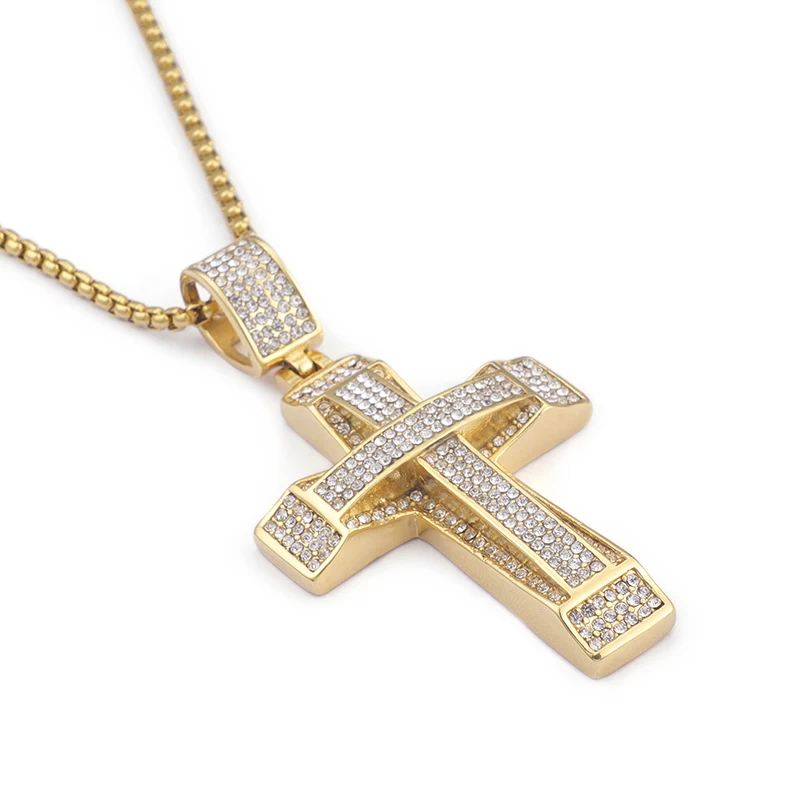 Punk 24 inch 4mm Rolo box chain Stainless steel Full AAA Crystal stone CZ Gold 42mm*57mm Large Cross Pendant Mens Necklace