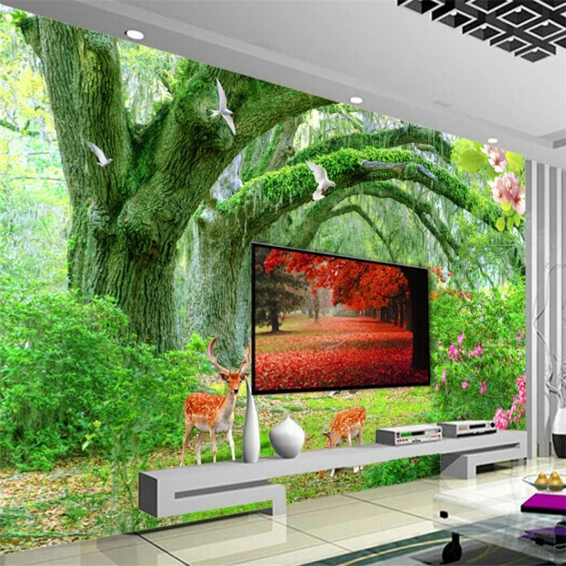 

wellyu Green trees deer flowers 3D TV living room wall custom large mural green silk cloth wallpaper papel de parede