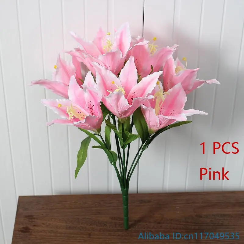 1 PCS Beautiful Artificial 9 Flower heads Lily Bunch Silk Flowers Home Wedding Decoration 2 Colors Available F385