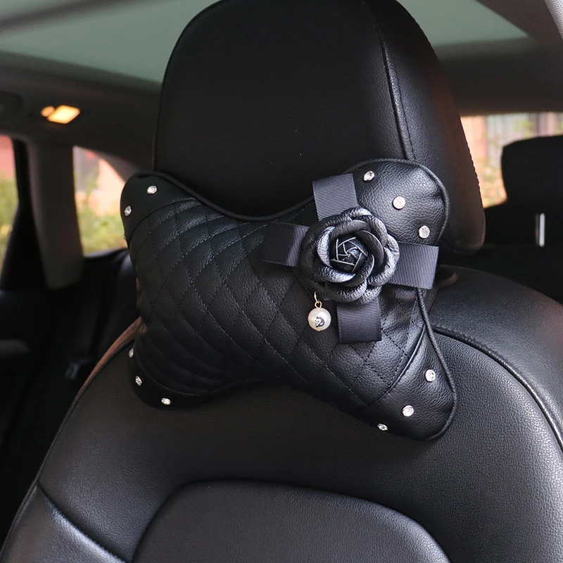 Pearl Black Camellia Flower Car Accessories Crystal Rhinestone Interior Decoration Leather Steering Wheel Cover Seat Pillows