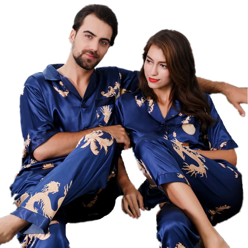 Men's Satin Silk Pajamas Set, Chinese Dragon Print Pyjamas, Half-Sleeved Rayon Couple Home Wear, Short Sleeve Nightwear, 2 Pcs