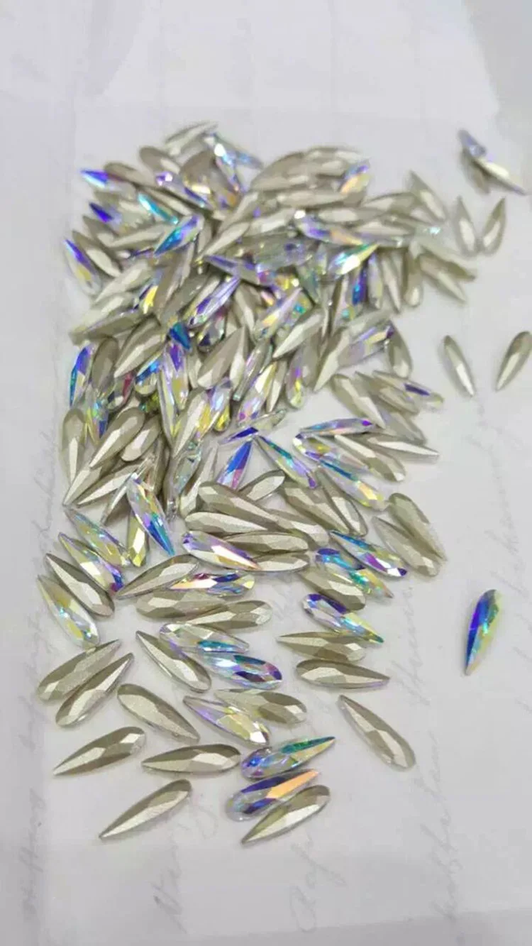 Gratis Verzending Top Kwaliteit Sharp En Lange Waterdrop Ab Kleur Nail Art Crystal Niet Hotfix Pointedback Nail Rhinestones