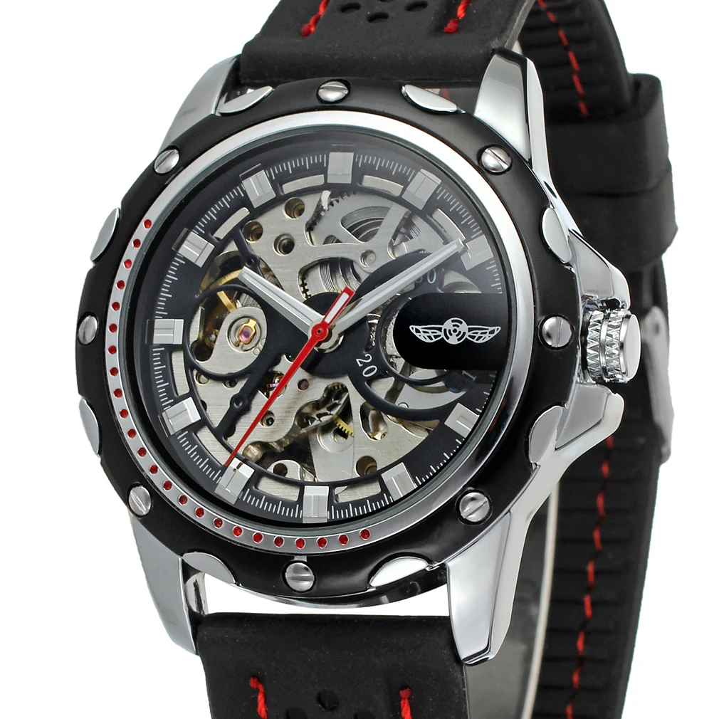 

Fashion Winner Top Brand Black Silicon Band Automatic Mechanical Skeleton Watch Men Gear Reloj Army Hombre Horloge Horloge