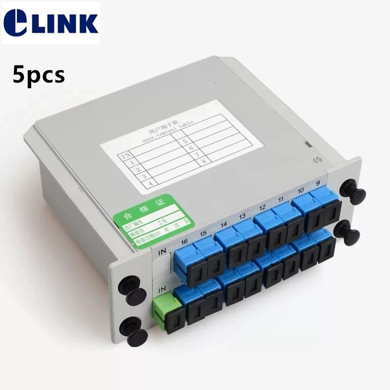 

1x16 LGX box fiber Splitter 5pcs GEPON FTTH SM SC/APC 1*16 PLC optical coupler Cassette Telecom GPON ELINK Plannar waveguide