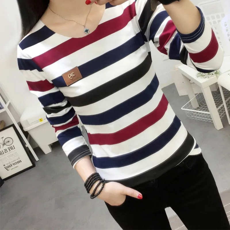 Autumn Korean Female harajuku Long Sleeve T-shirt Women Colorful Stripe women tshirt vetement femme Women T-shirts Casual Tops