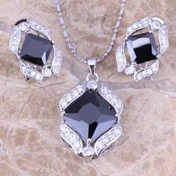 Exclusive Black Cubic Zirconia White CZ Silver Plated Earrings Pendant Necklace Jewelry Sets S0758