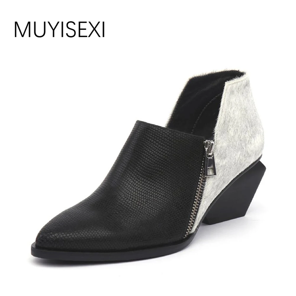 

MUYISEXI Autumn Boots For Women Genuine Leather+ Horsehair Pointed Toe Irregular Square Heels Slip-On Ankle Boots 34-41 HL04