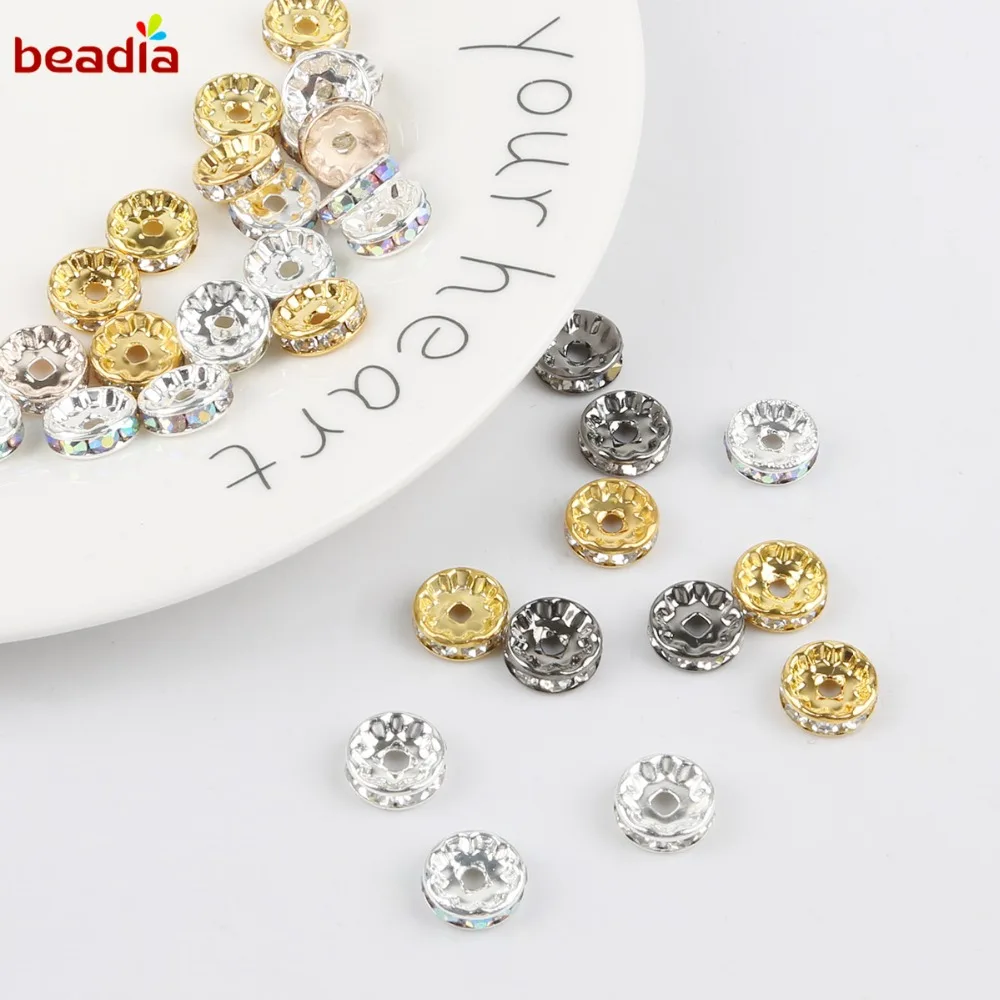 4 6 8 10mm Gold Gunmetal Crystal Rhinestone Rondelles Loose Spacer Beads for DIY Jewelry Findings Making Accessories