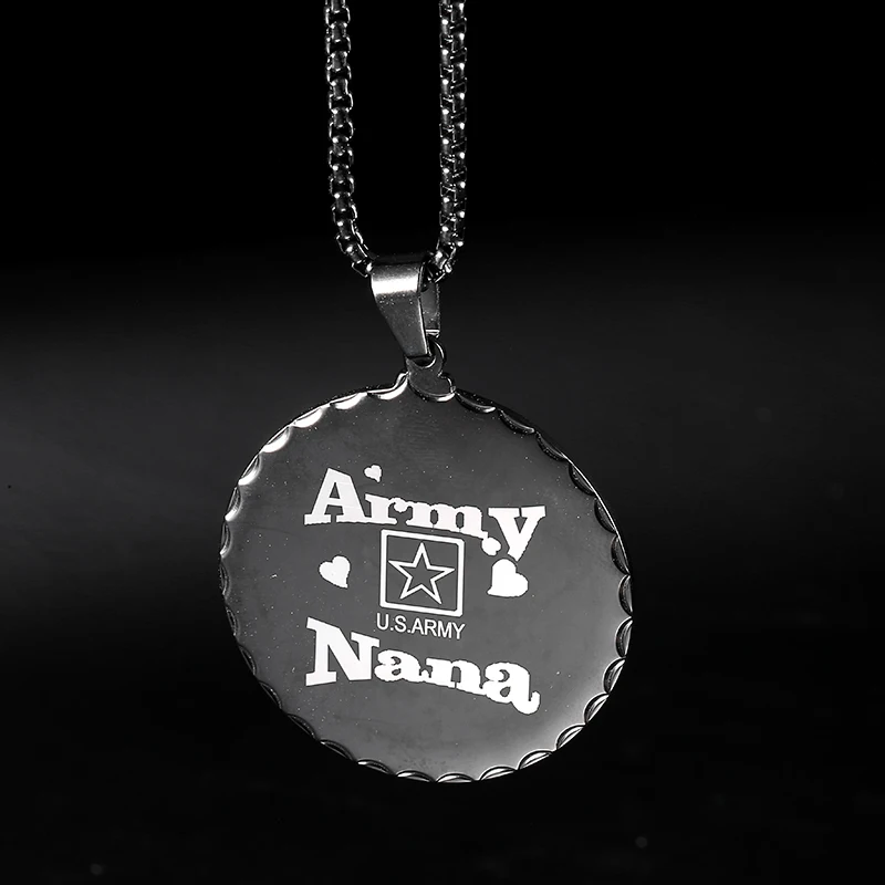 New Arrived US Army Dad  Mom Nana Round Shaped Dog Tag Black Stainless Steel Military Pendant Necklace Jewelry