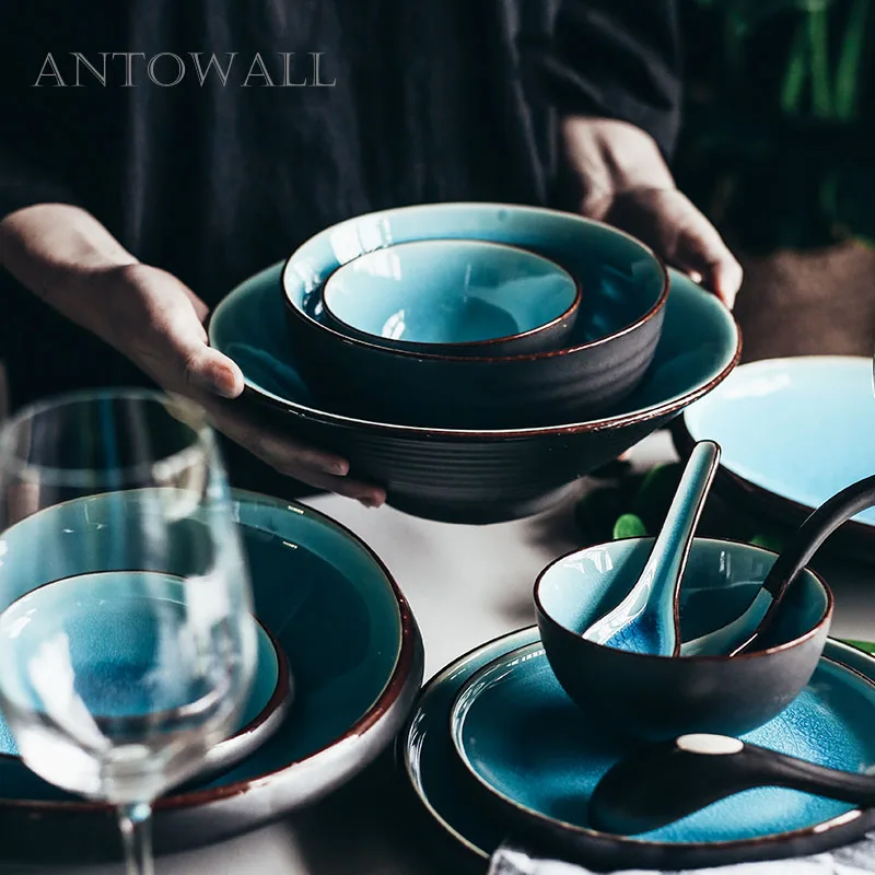 ANTOWALL Blue Ice crackle tableware household ceramic bowl long fish dish plate sauce dish chopsticks holder microwave available