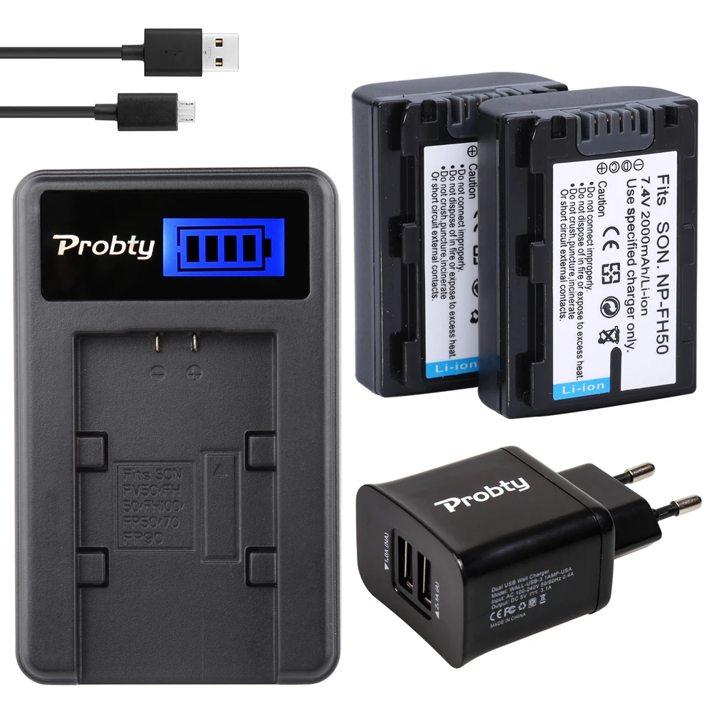 PROBTY 2PCS NP-FH50 NP-FH60 Battery + LCD USB Charger For Sony DSLR A230 A330 A380 HDR-TG1E TG3 TG5 TG7 DSC-HX1 HX100 HX200