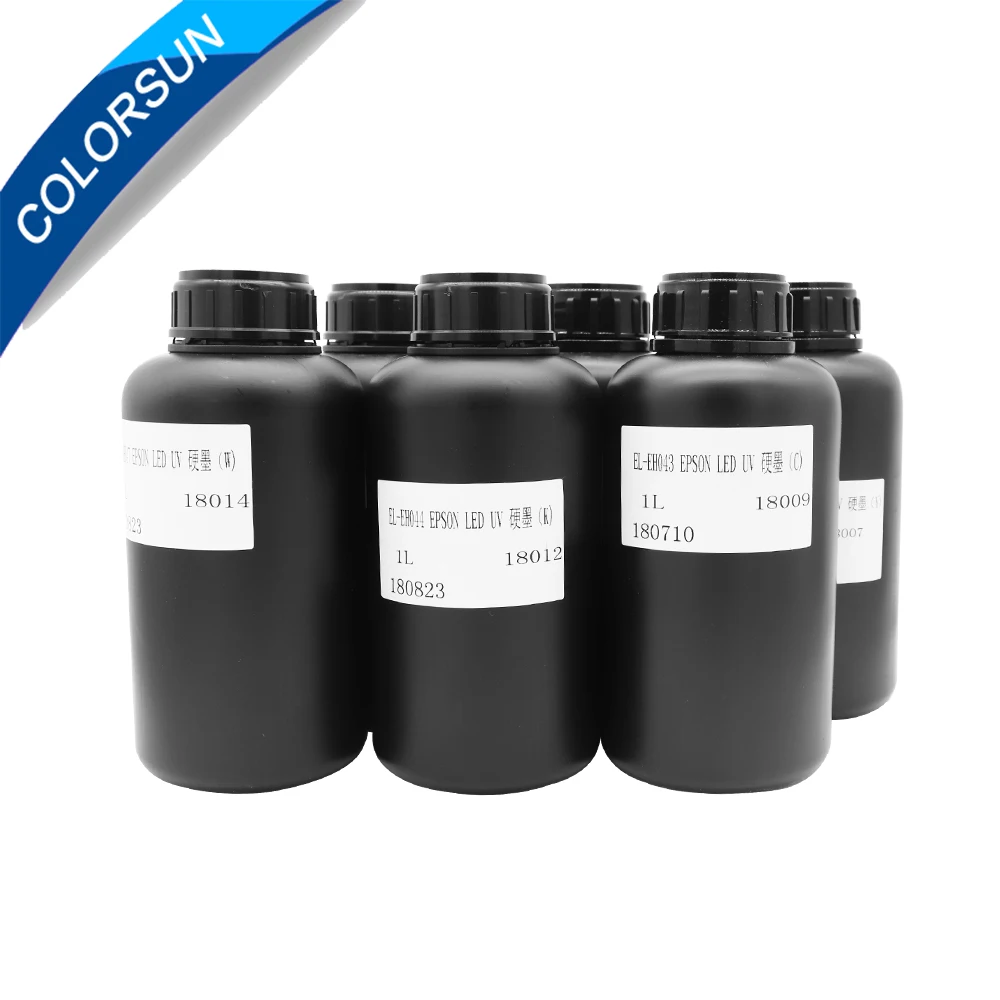 6*500ml UV ink (C/M/Y/K/W/W ), 1*Cleaning liquid(500ml), 1*UV Additives(100ml),1* UV Viscosity liquid(100ml) for UV Printer