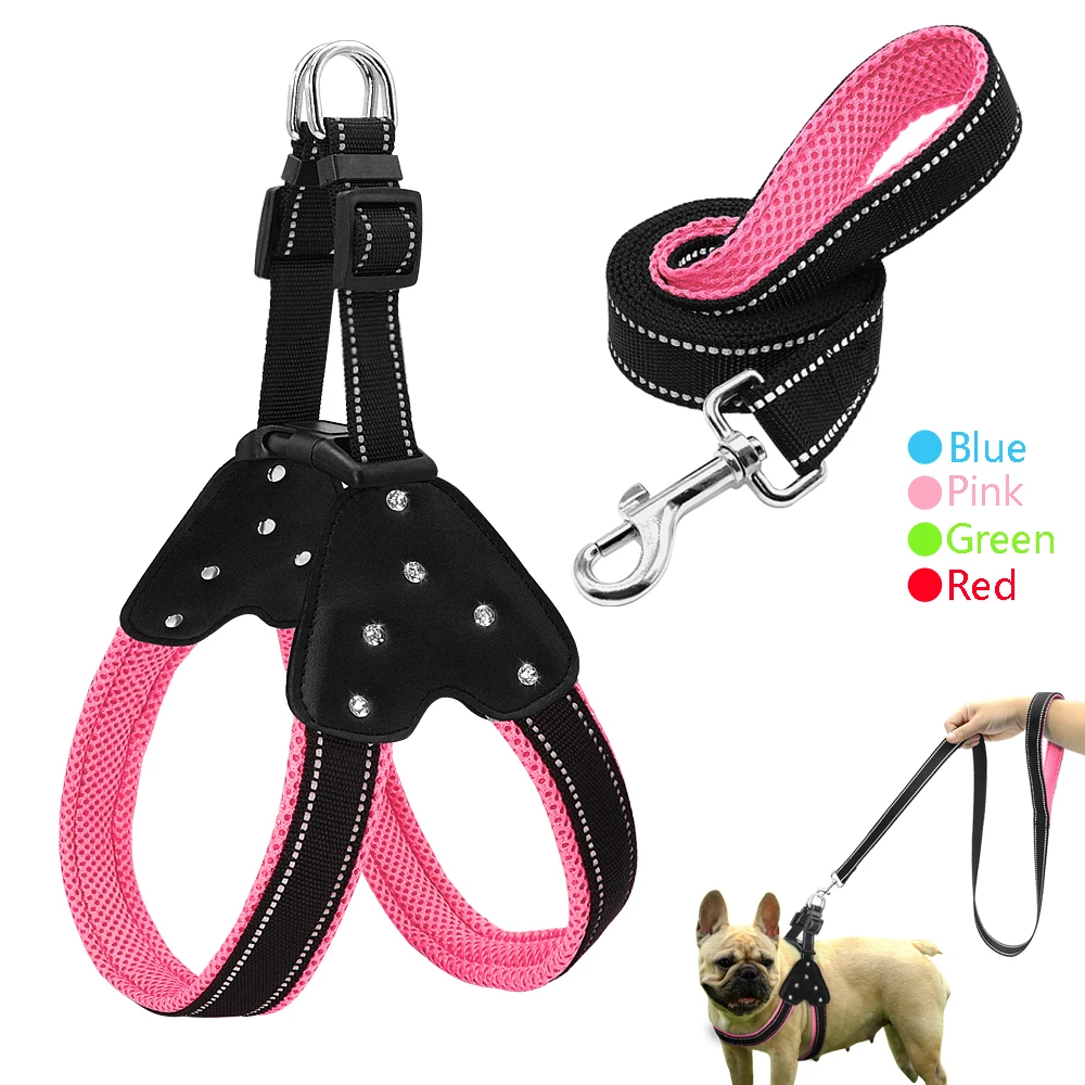 Reflective Nylon Rhinestone Dog Harnesses Step in Soft Mesh Padded Small Dog Puppy Harness Leash Set Safety For Walking S M L