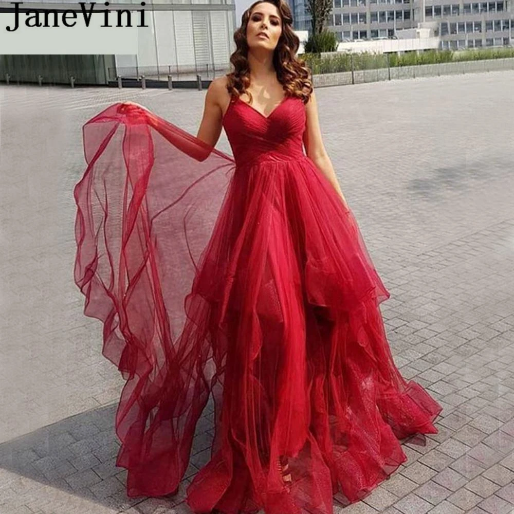 JaneVini – robe de bal longue rouge élégante, ligne A, bretelles Spaghetti, traîne à plusieurs niveaux en Tulle, grande taille, robes de soirée formelles