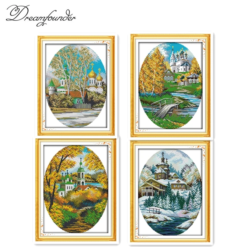 Four seasons in coast cross stitch kit aida 14ct 11ct count printed canvas stitches embroidery DIY handmade needlework plus