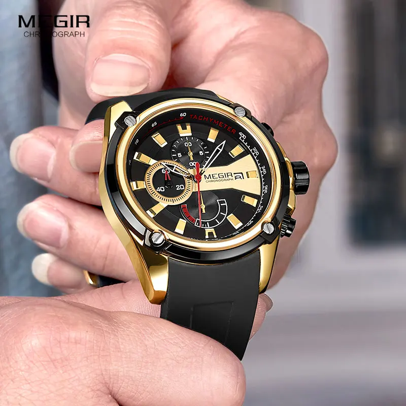 MEGIR Men\'s Quartz Watches Silicone Strap Leisure Sports Chronograph Wristwatch for Man Clock Relogios Masculino 2086 Gold Black