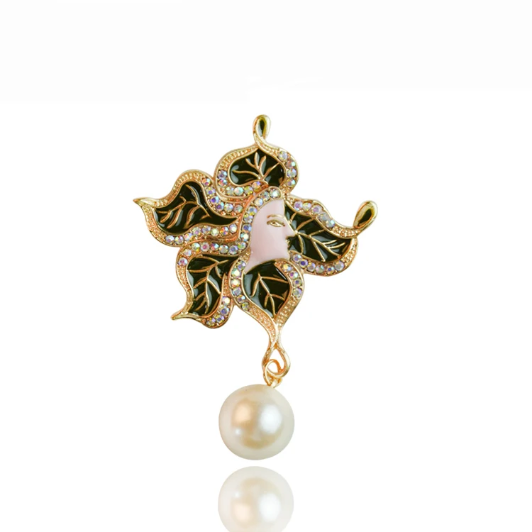 New Arrivals Green leaves brooch for women Hijab pins mori girl Rhinestone Brooches Europe and America Retro pearl brooch X1627