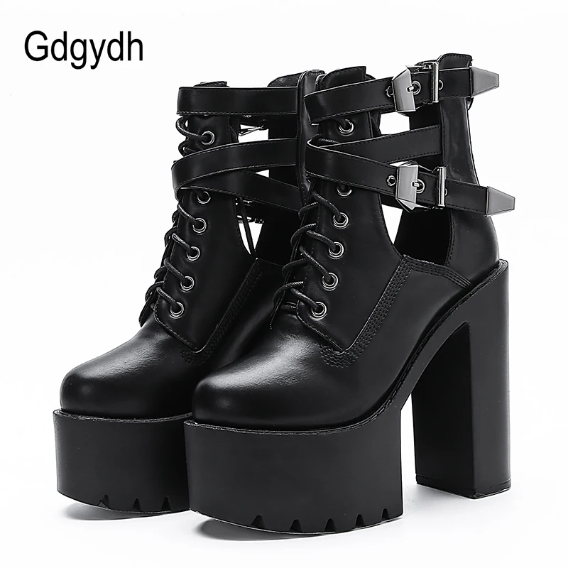 Gdgydh Ankle Buckle Strap Womens Block Heels Platform Boots Nightclub Party Shoes High Heels Hollow Out Goth Short Boots Zipper