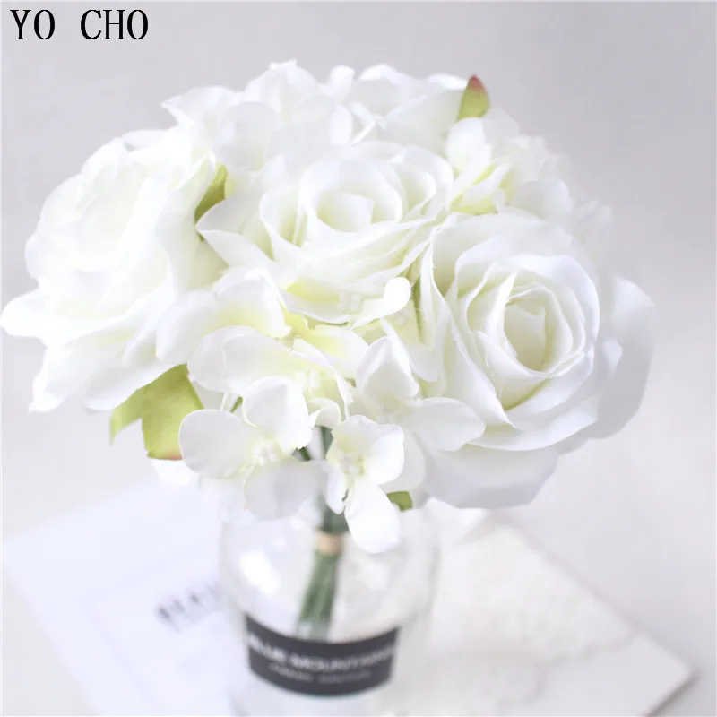 

YO CHO Roses Wedding bridal Bouquet Peonies Hydrangea White Silk Flower Bride Bridesmaid Bouquet Mariage Wedding Accessories