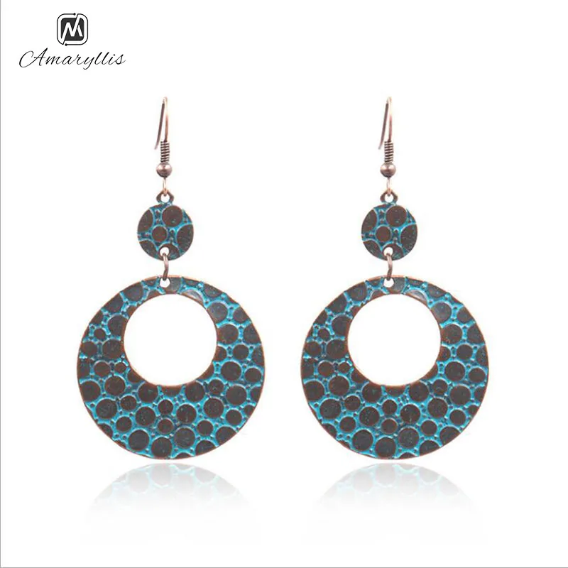 Amaiyllis Vintage Patina Double Round Circle Statement Dangle Earrings For Women Ethnic Hammer GEO Pendant Drop Earrings Brincos