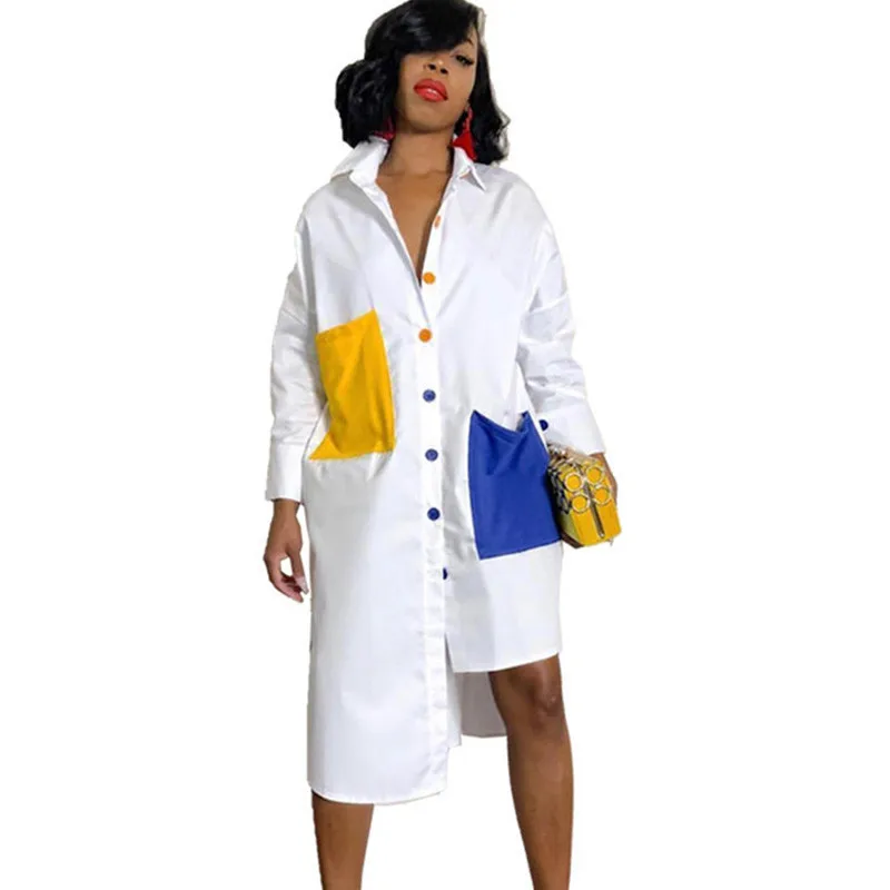 Robe chemise blanche pour femmes, Streetwear, col rabattu, manches longues, poches boutonnées, tunique, robes de jour amples, 2020