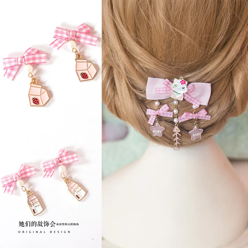 

Princess sweet lolita hairpin Pink Plaid girls pearl star kitten bow tie lovely hairpin GSH146