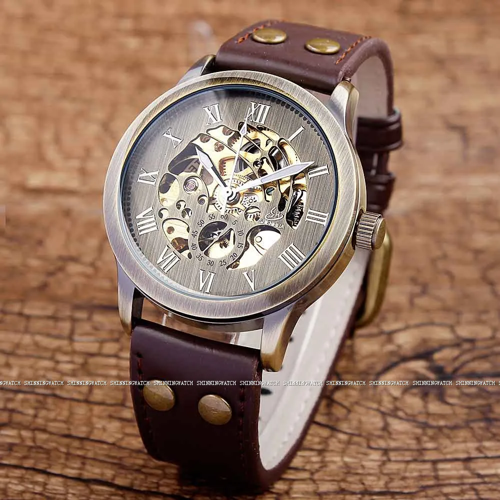 Top Brand Mechanical Watches Male Fashion Retro Bronze Skeleton Automatic Mechanical Watch Leather Wristwatch Reloj Hombre