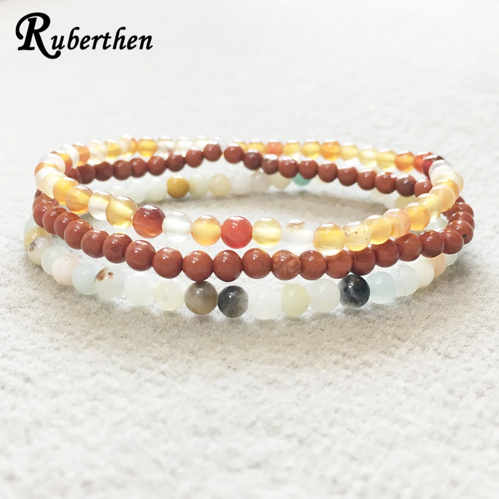 Ruberthen 4 mm Natural Pink Agate Bracelet Set Trendy Mini Gemstone Energy Bracelet Amazonite Red Stone Energy Yoga Bracelet