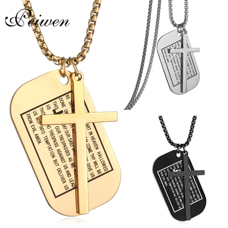 Religious Bible Scripture Jesus Cross Tag Pendant Necklace Gold Silver Color Stainless Steel Charm Choker for Christian Jewelry