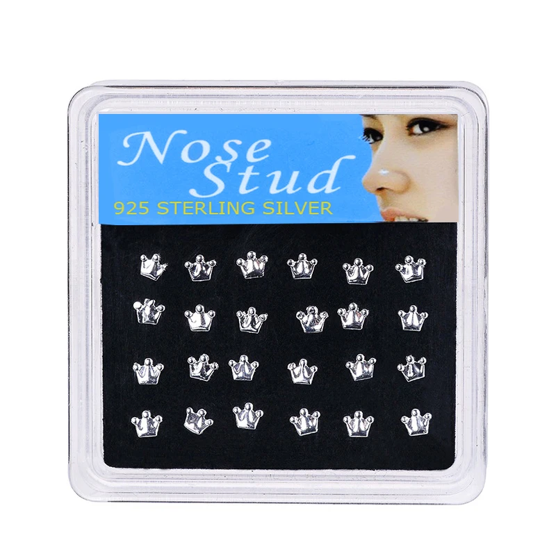 Walerv 24pcs/box Women Body Jewelry Nose Piercing Crown Shape Nose Stud Rings Hip Hop Indian Jewelry