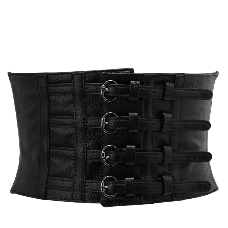 Retro Lady\'s Adjustable Slim Faux Leather Cummerbunds Body Waist Shape Corset Wide Elastic Belt Stretch Waistband