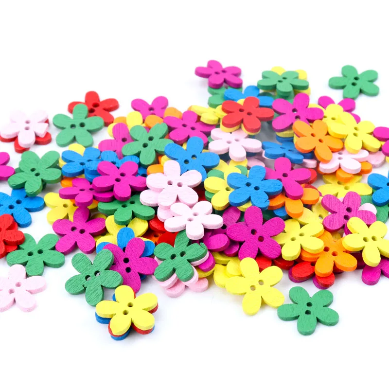 wholesale 100pcs 14x15mm Multicolor Cute Flower Natural Decoration Sewing Scrapbooking Wood Buttons MZ0006X