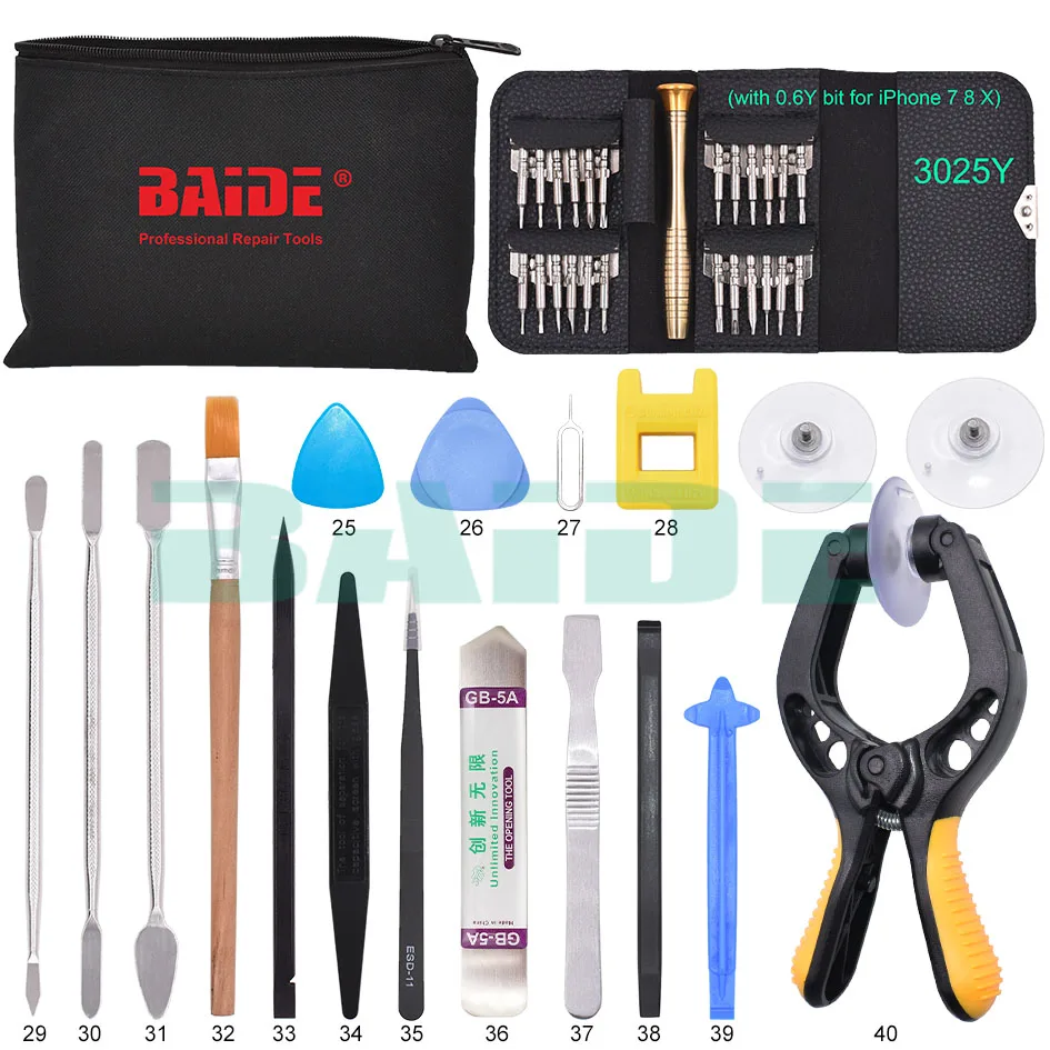 

BAIDE 40 in 1 LCD Screen Opening Tools Kit With Wallet Screw Driver Suction Cup Pliers Pry Tool Set For Cellphone Tablet PC