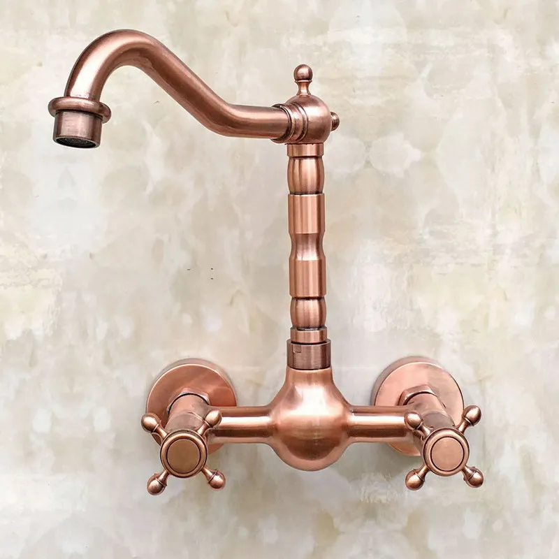 Antique Red Copper Wall Mounted Kitchen Sink Faucet Mixer Basin Tap Dual Cross Handles Levers arg031