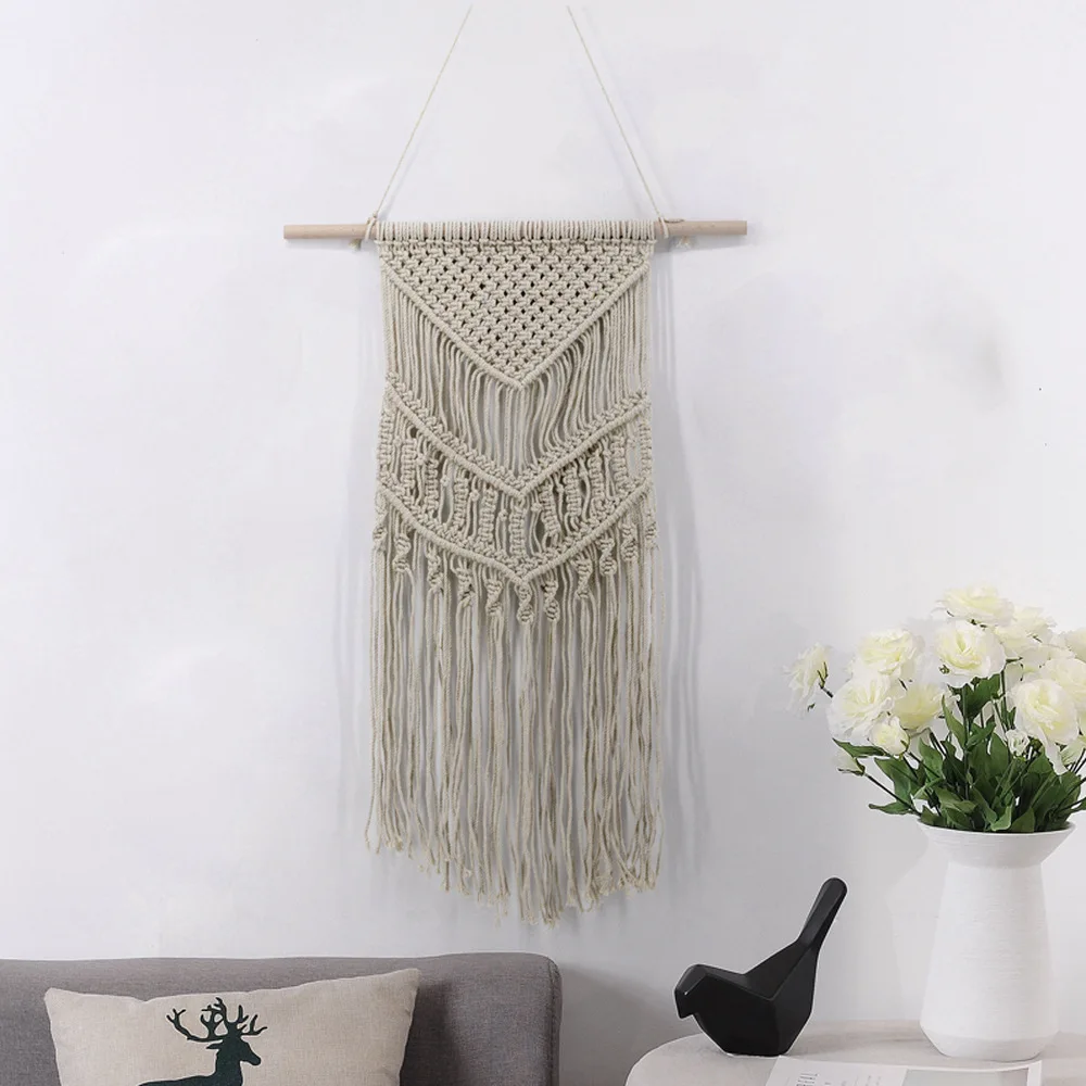 Drop Ship Bohemian Macrame Handmade Knitting Cotton Rope+ Wood Tapestry Wall Hanging Tapisserie Banner Tassel Craft Home Decor